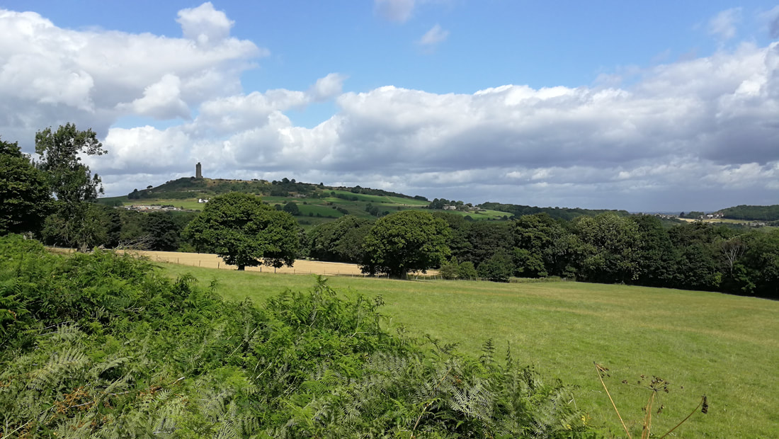 A view across fields to a tower on a hill